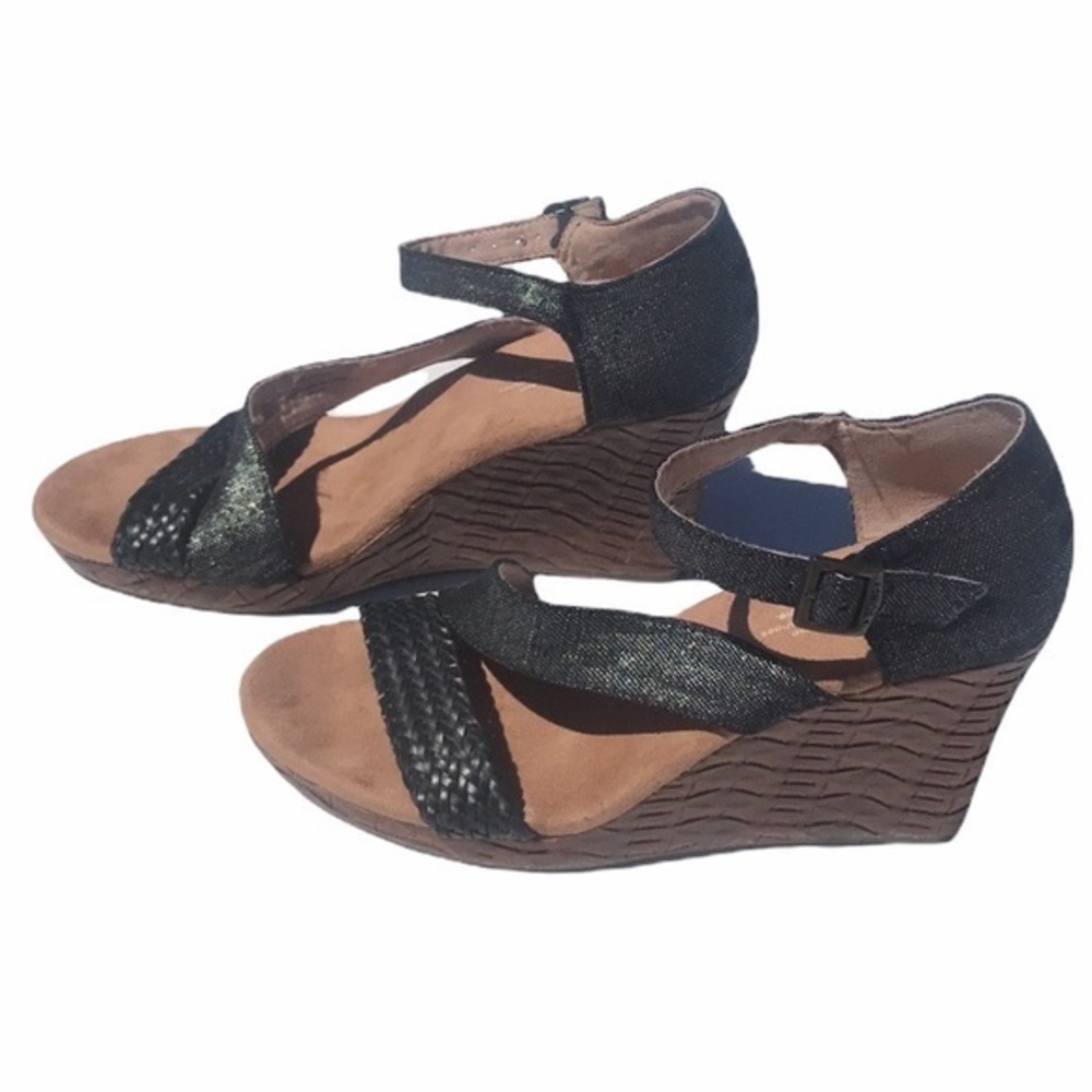 Toms Clarissa Black Braid Wedge‎ Heel Sandals Black Metallic Linen Size 7.5